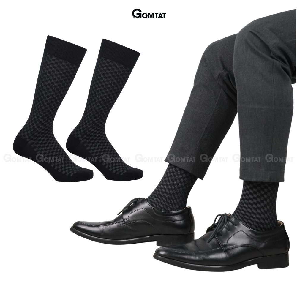 Tất nam công sở cổ cao 27cm, vớ nam đi giày tây họa tiết đen caro xám chất liệu cao cấp - GOM-TAY12-DENCAROXAM