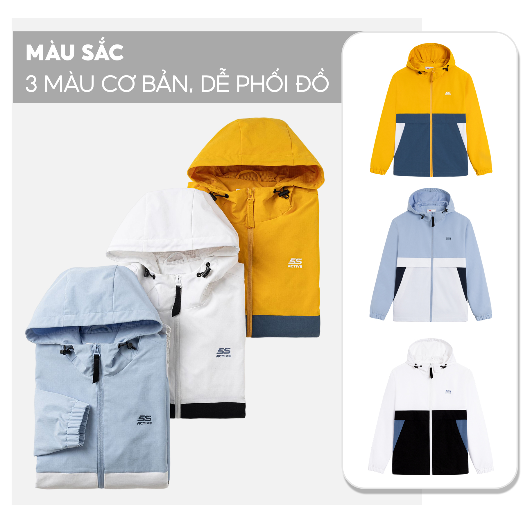 Áo Khoác Gió Thể Thao Nam 5S ACTIVE, Giữ Ấm, Chống Bụi, Trượt Nước, Phối Màu Phong Cách, Năng Động