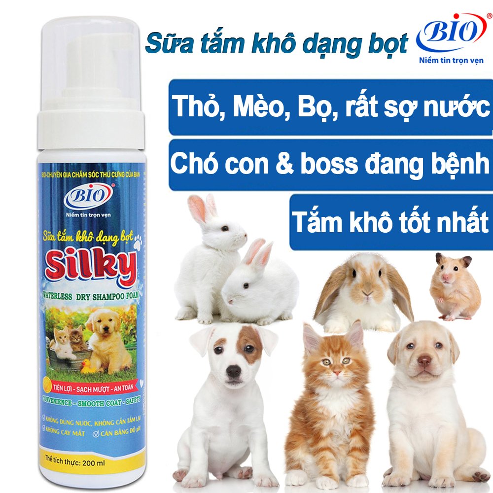 Sữa tắm khô dạng bọt Bio-Silky cho chó mèo, Làm sạch, lông óng mượt và thơm lâu 200ml-79300