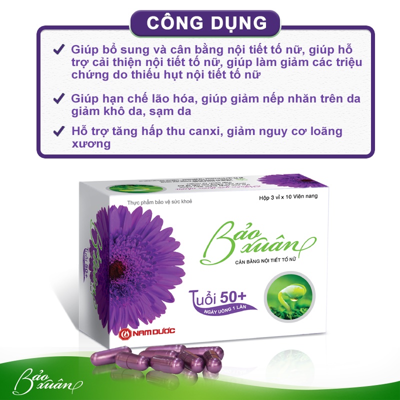 [Chính Hãng + Freeship] Bảo Xuân 50+, Tăng Cường Nội Tiết Tố, Hạn Chế Lão Hóa, Giảm Nếp Nhăn, Lấy Lại Tuổi Xuân(Hộp 30v)