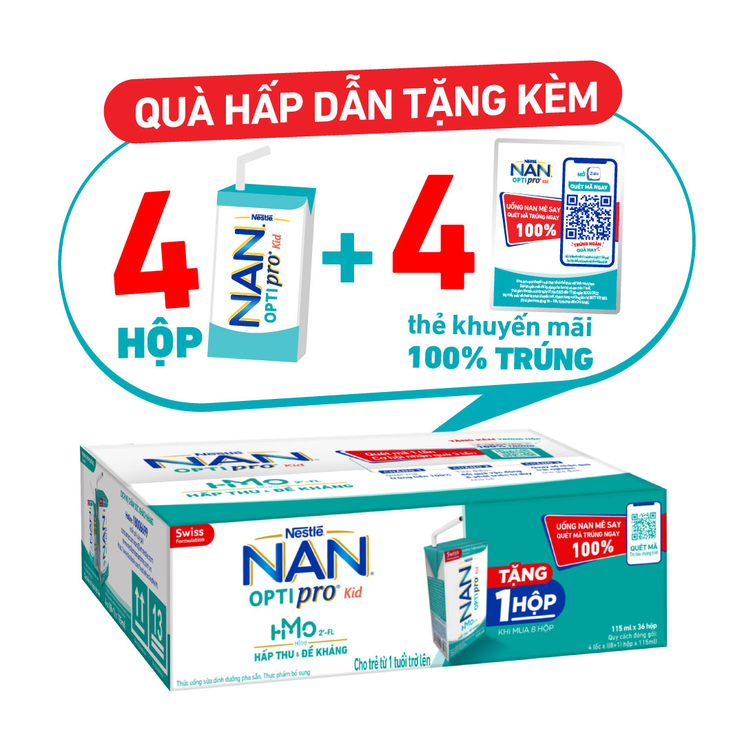 Thùng 36 hộp Sữa pha sẵn Nestlé® NAN® OPTIPRO® Kid Hộp pha sẵn 115ml ( 4x(9x115ml) ) - Mua 8 tặng 1