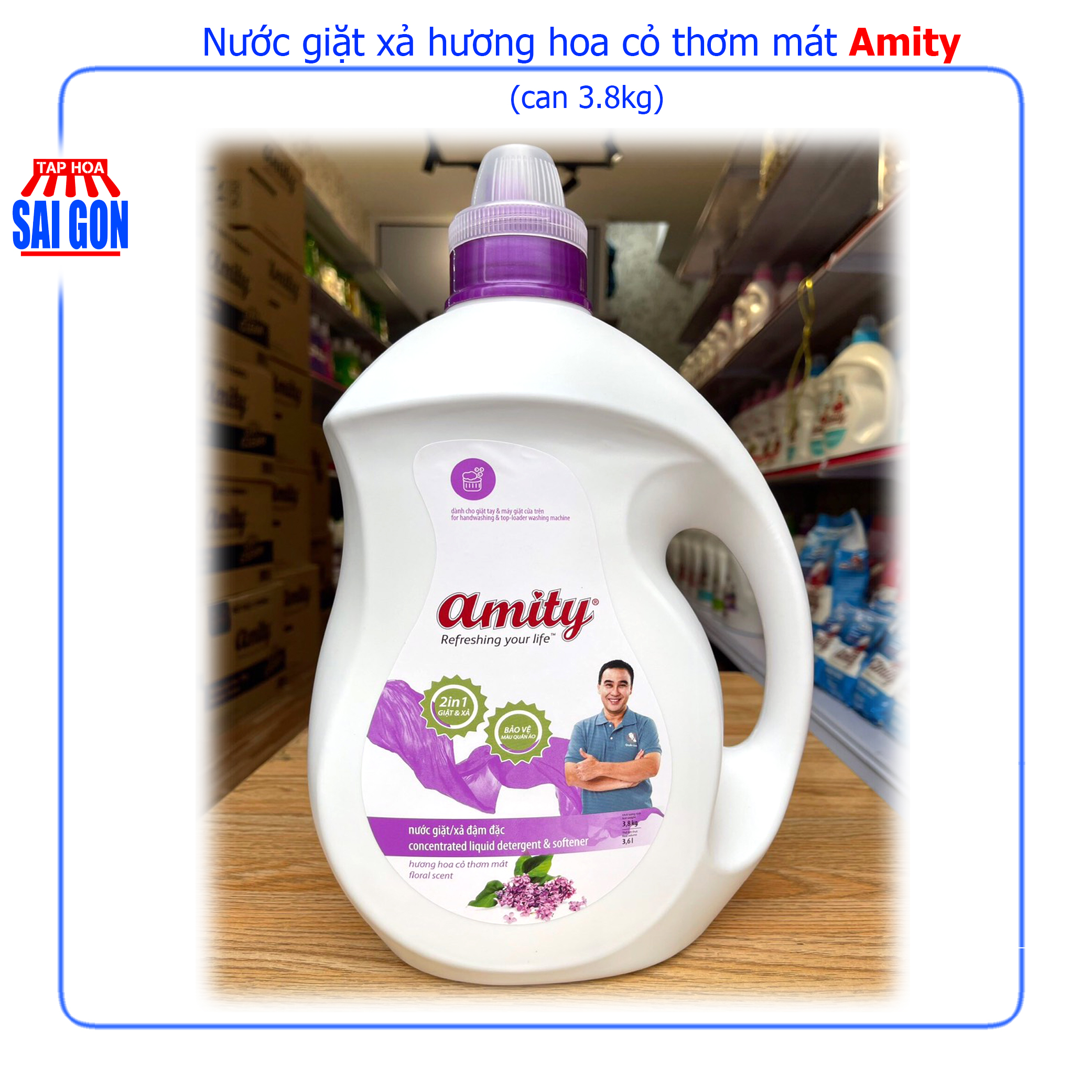 Nước Giặt Xả Amity màu tím hương hoa cỏ thơm mát can 3.8kg với các hạt lưu hương giữ mùi thơm nhẹ nhàng suốt cả ngày