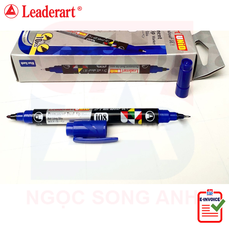 Bút dạ kính Leaderart hai đầu 108 - Hộp 10 chiếc - Ngòi kim loại 0.4mm, ngòi dạ 1mm