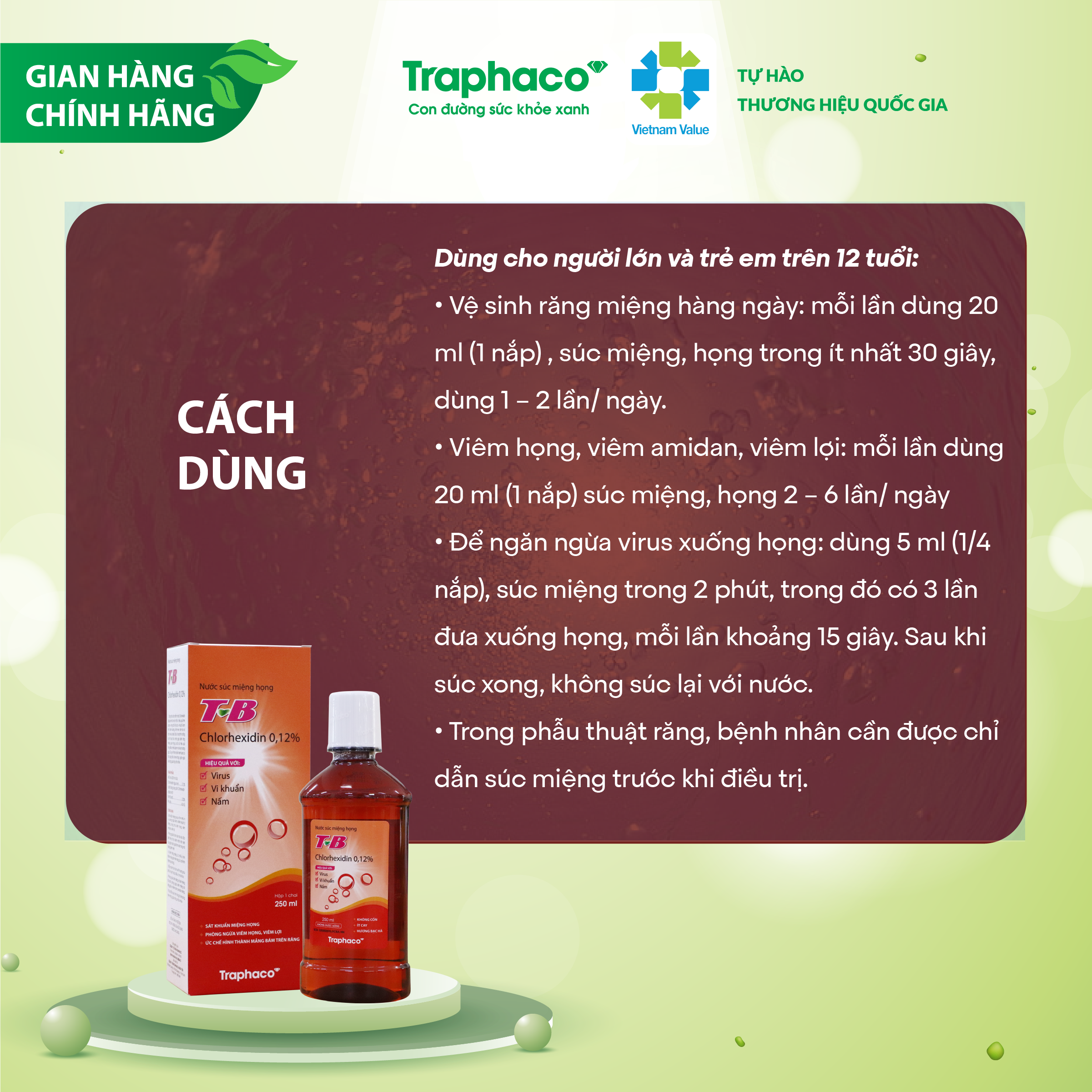 Nước súc miệng TB CHLORHEXIDIN 0.12% hiệu quả với vius, vi khuẩn, nấm chai 250ml