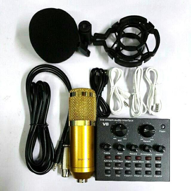 Bộ livestream THU ÂM SOUND CARD V8 mic BM900 bluetooth có AUTOTUNE