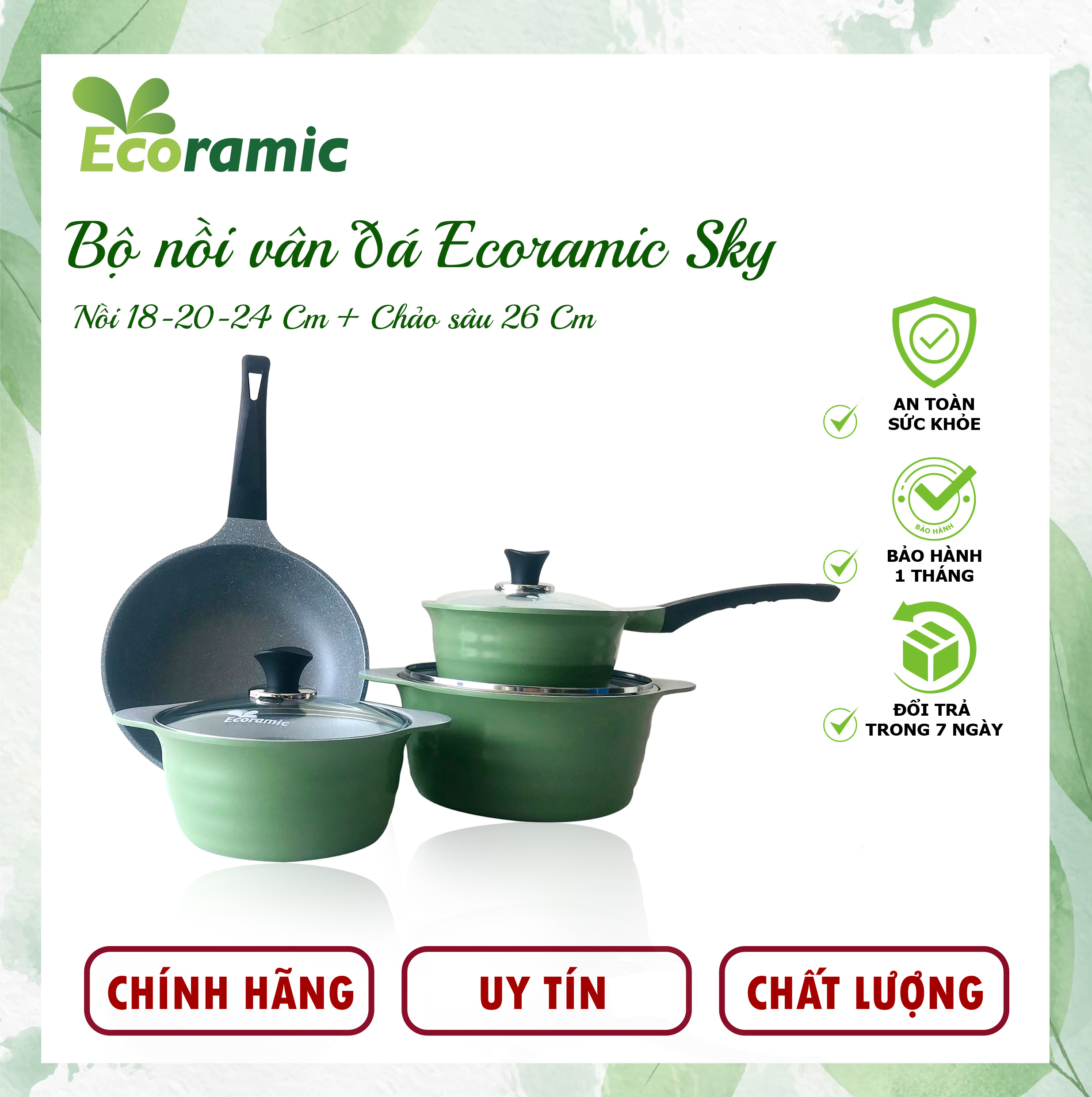 Bộ 3 Nồi + 1 Chảo Vân Đá Sky Spot Ecoramic Chính Hãng Chống Dính, Siêu Bền