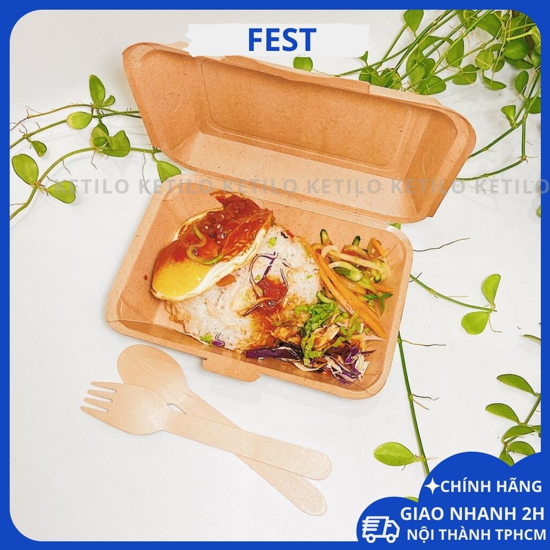 Hộp Cơm giấy Fest Daily Takeaway Box 725ml Thái lan Cao Cấp, Hộp Cơm Giấy Kraft Dùng 1 Lần, Thiết Kế Có Lỗ Thoát Hơi 2 Bên Hông Tiện Lợi - HÀNG CHÍNH HÃNG F002 (Tặng Kèm Móc Khóa KETILO)