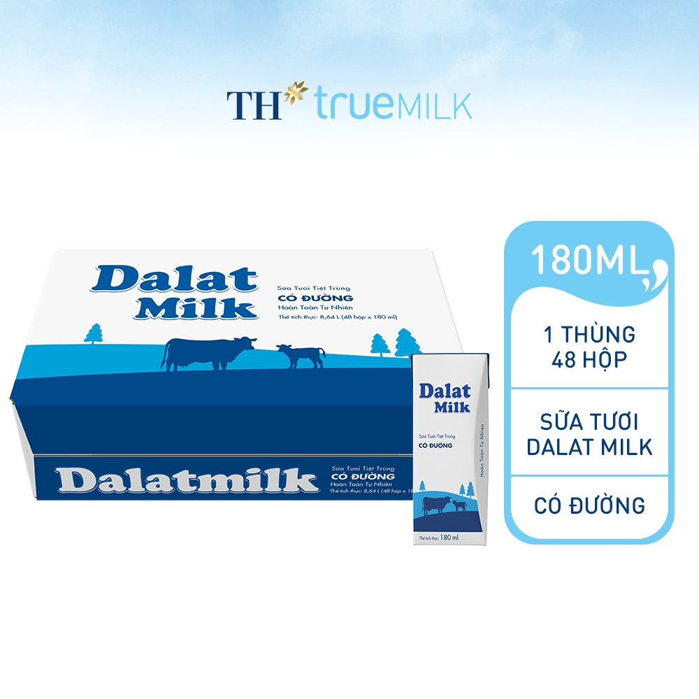 Thùng 48 hộp sữa tươi tiệt trùng có đường Dalatmilk 180ml (180ml x 48)