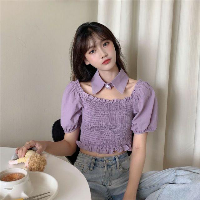 Áo bẹt vai nhún kèm choker sơ mi