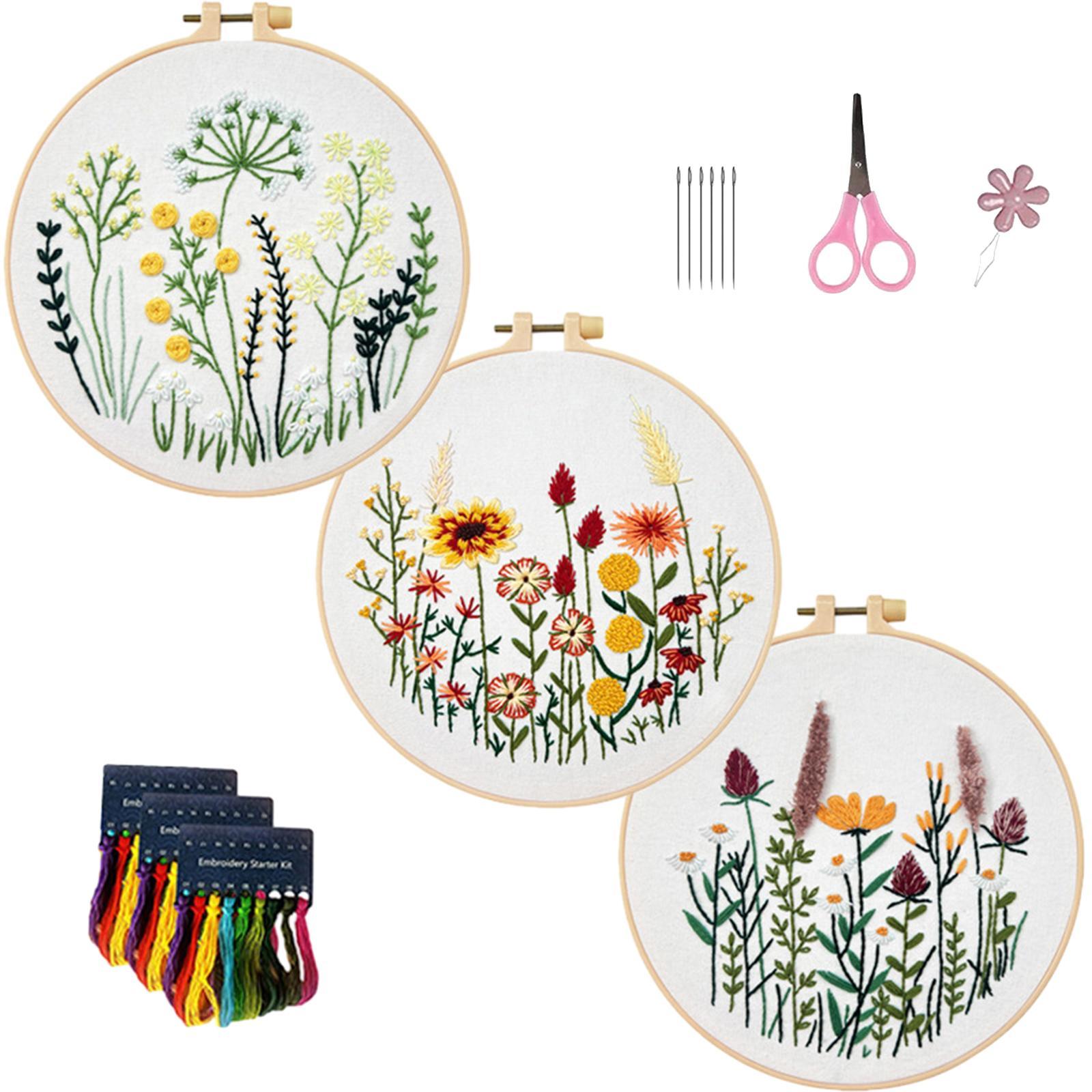 3Pcs Embroidery Set Cross Stitch Handmade Sewing Accessories Starter Tools Plants Pattern for Adults Handcraft Enthusiast