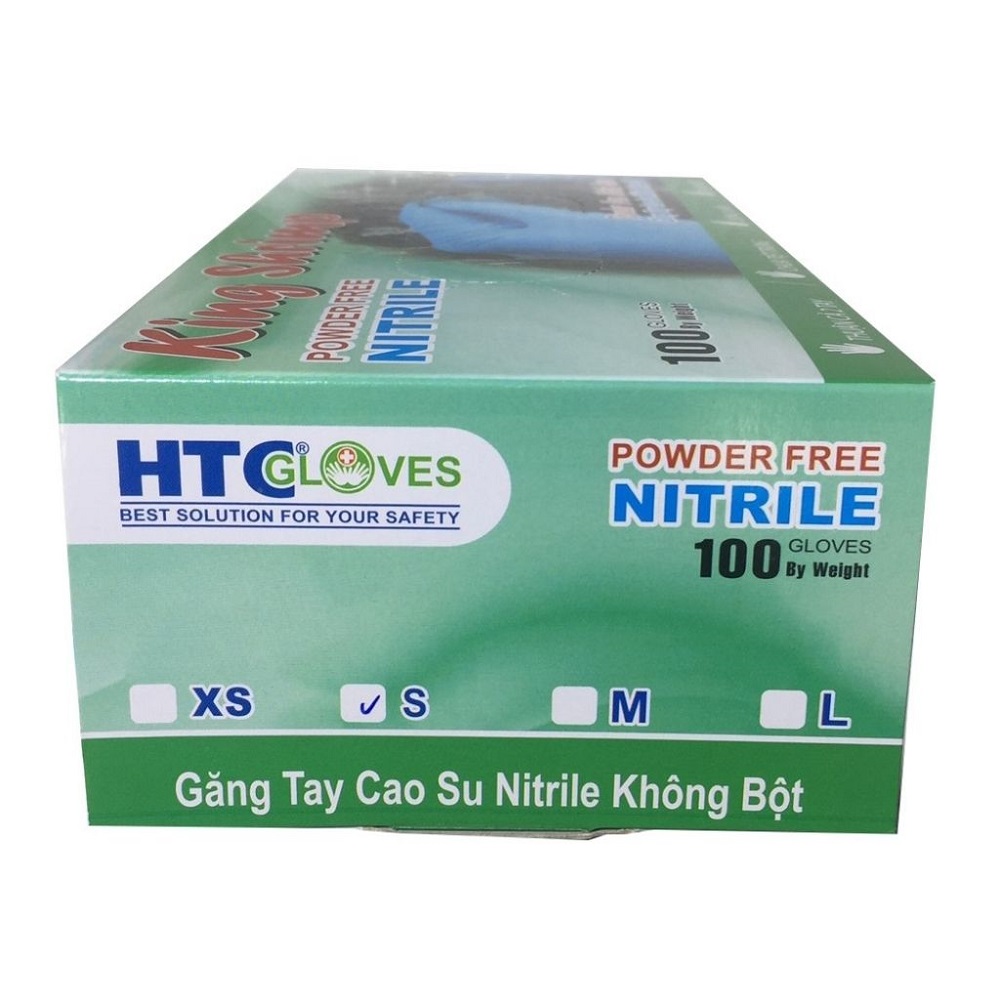 Găng tay thủy sản HTC Gloves, găng tay lột tôm cao su Nitrile màu xanh, độ bền cao bám tốt, dẻo dai mang lại cảm giác thật, định lượng 5,8 gram/cái, hộp 100 cái