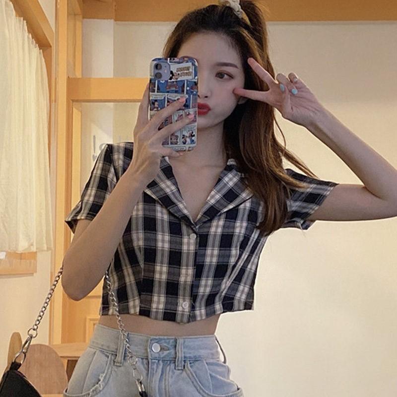 Áo croptop sơ mi cổ vest kẻ caro cao cấp dành cho nữ