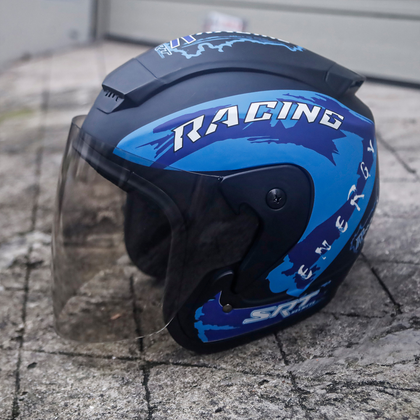 Mũ Bảo Hiểm 3/4 Đầu SRT Tem Racing Kính Phủ Màu Xanh Dương - Mũ Bảo Hiểm Thể Thao Cao Cấp