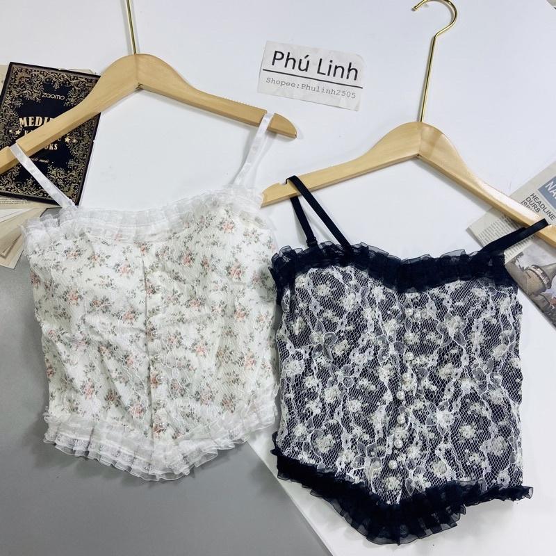 MS653 Áo hai dây ren lưới vạt bầu đính ngọc lưng chun