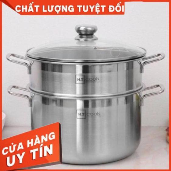 Bộ nồi và xửng hấp inox 430 bếp từ 1 đáy HT COOK 28cm nắp kính dùng được bếp từ