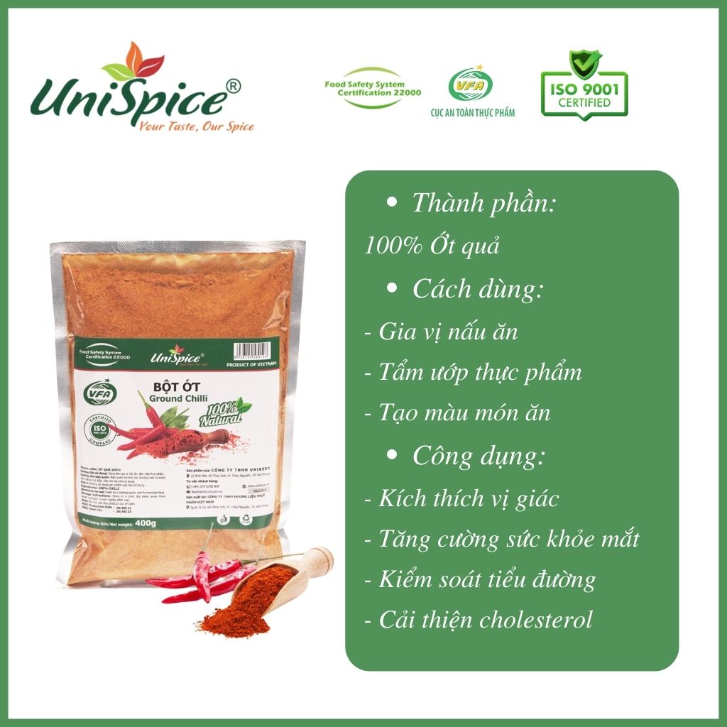 Bột ớt Unispice túi/gói 400gr- Gia vị tự nhiên/ Ớt bột nghiền siêu cay