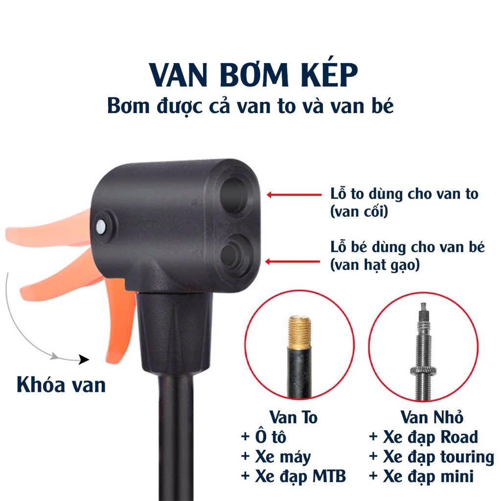 bơm đạp chân dùng bơm xe máy bơm xe đạp với các đầu van đa năng