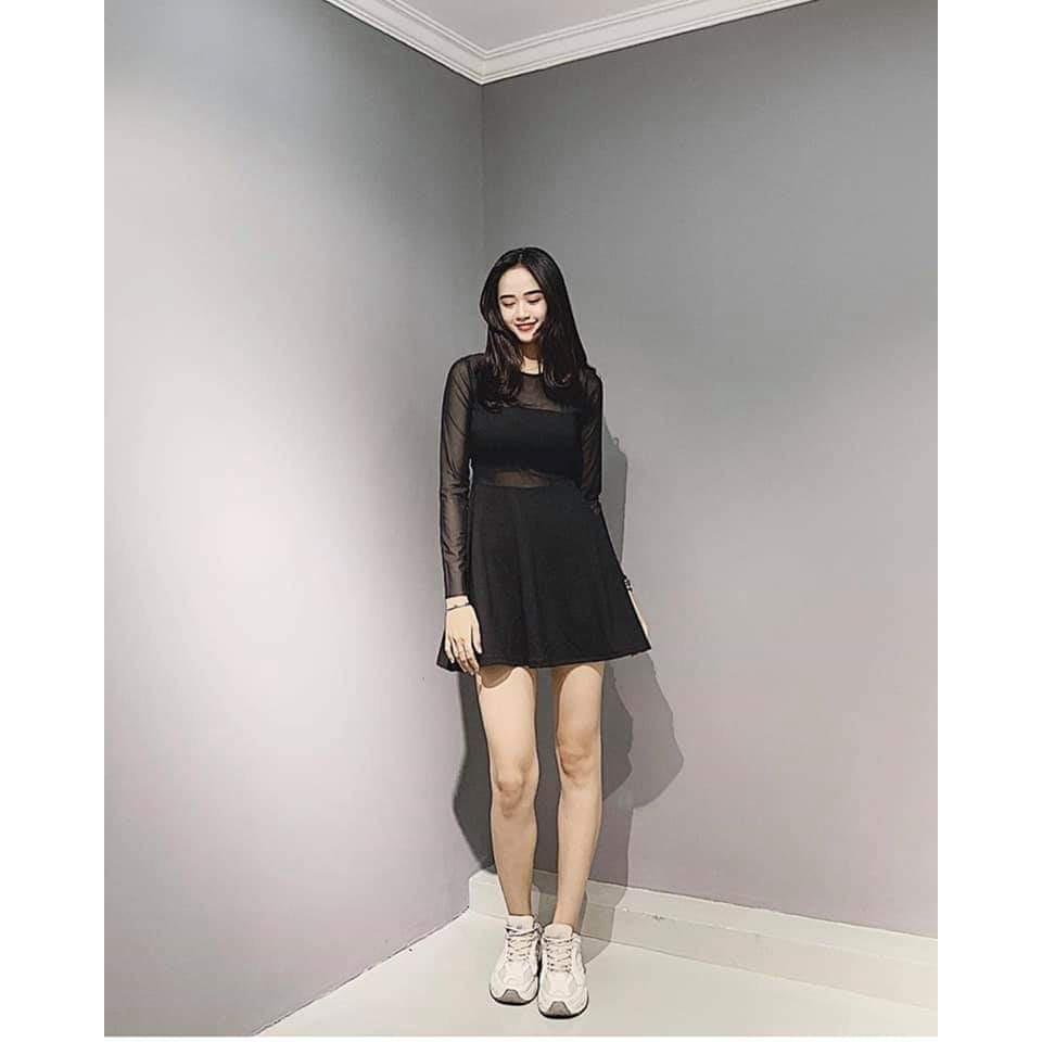 Đầm xoè đen tay lưới