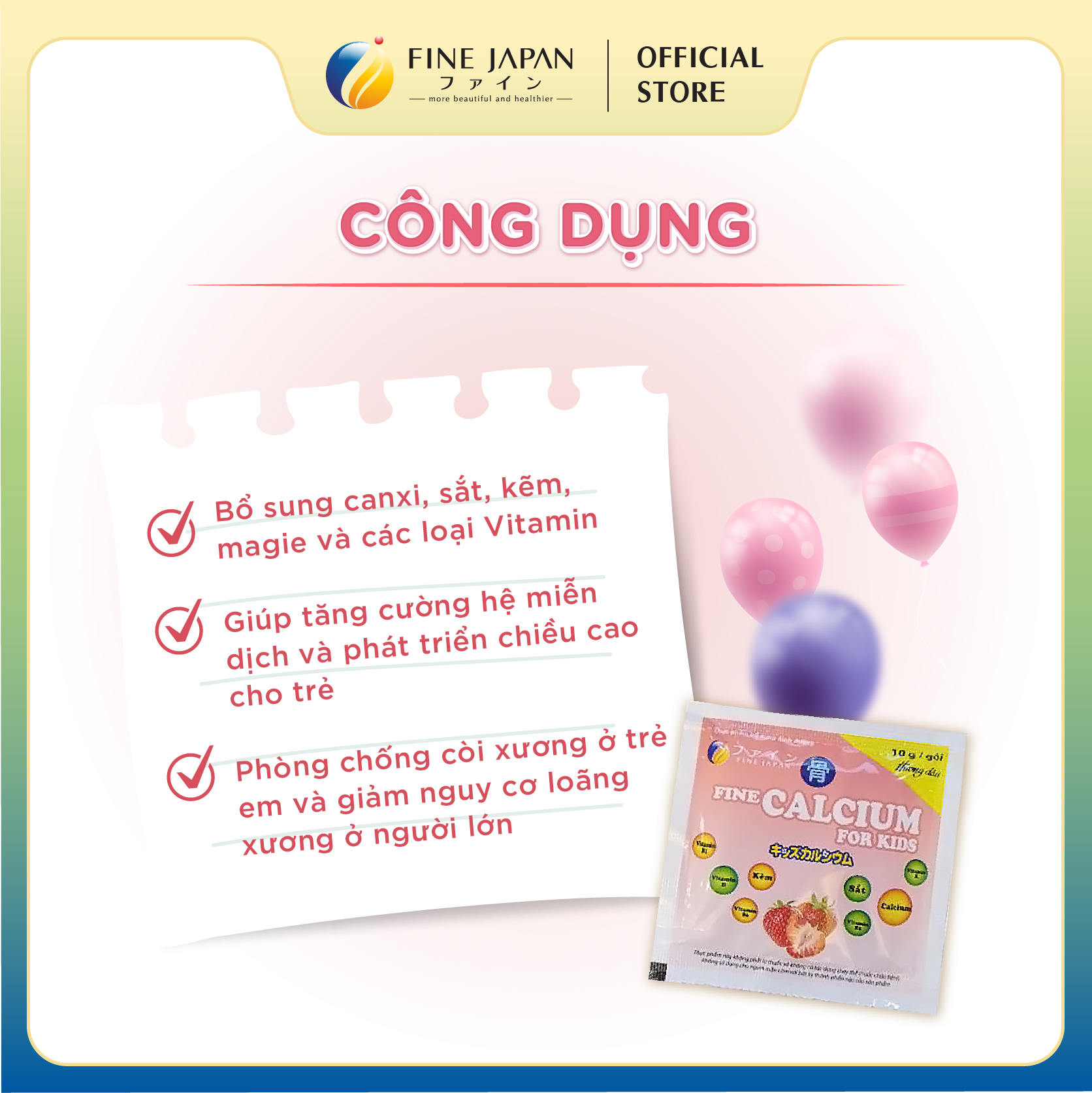 Bột Canxi tăng chiều cao VN Calcium For Kids FINE JAPAN bổ sung canxi và dinh dưỡng cho trẻ 20 gói