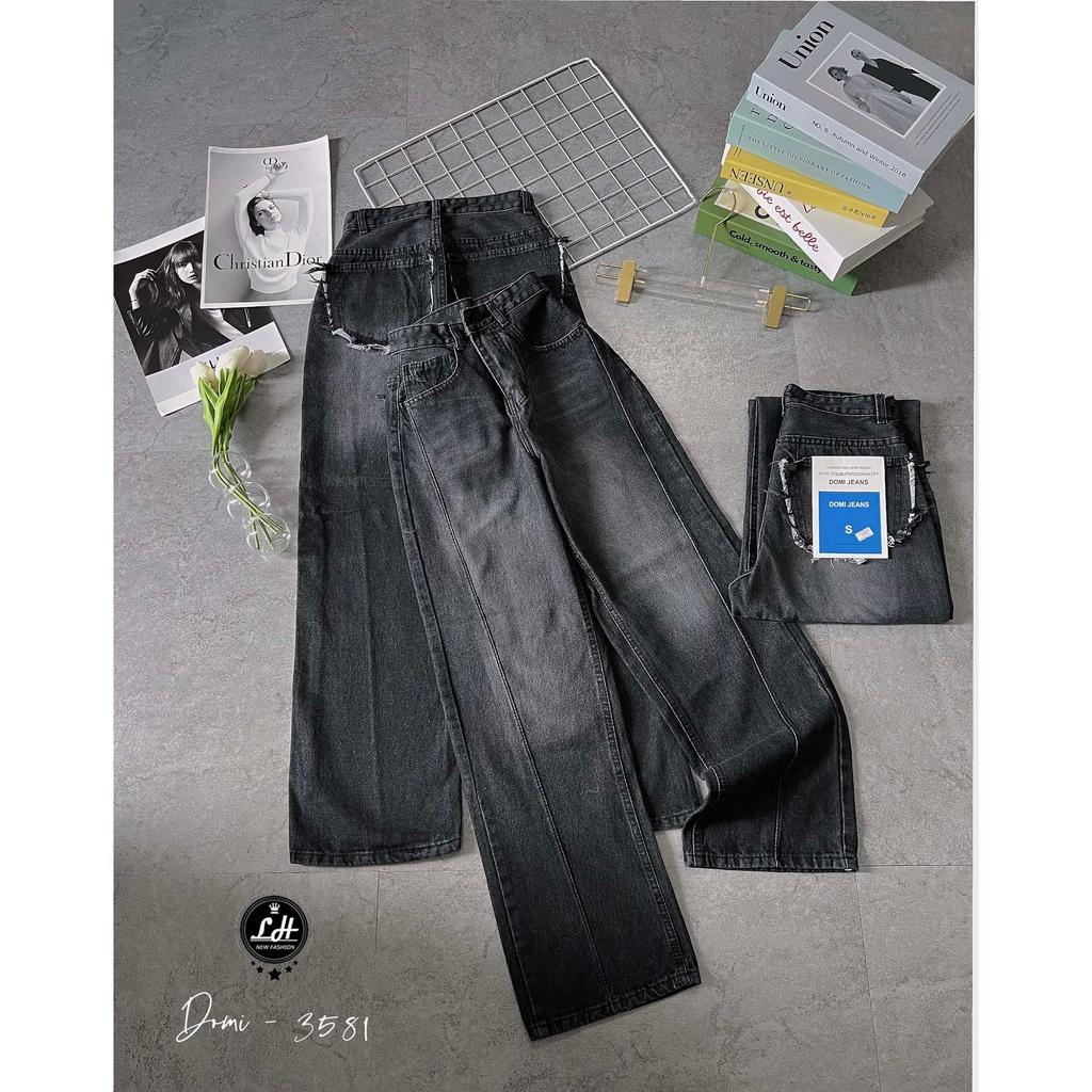 Quần jean nữ ống rộng, quần bò màu xám loang màu túi sao rách tua rua siêu độc lạ Lê Huy Fashion MS 3581