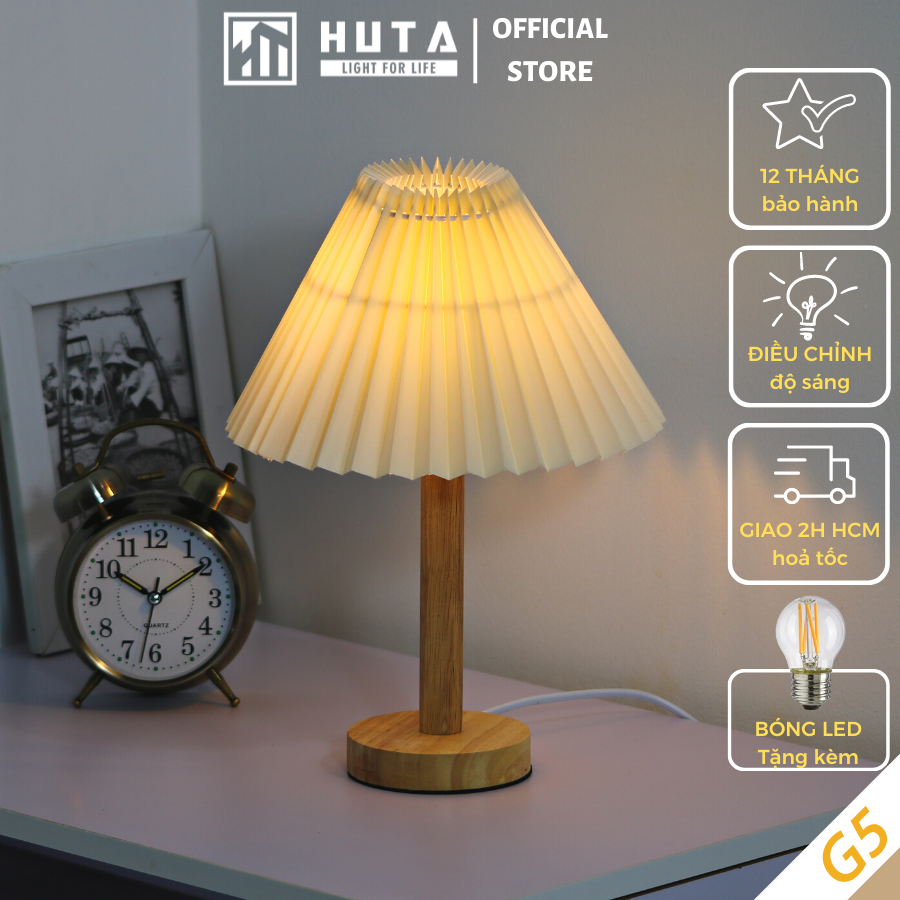 Đèn Ngủ Để Bàn HUTA G5 Gỗ Chao Xếp Ly Vintage Dễ Thương, Decor Trang Trí Phòng Ngủ, Đọc Sách Đầu Giường, Điều Chỉnh Độ Sáng, Đèn Vàng Bóng LED Tiết Kiệm Điện