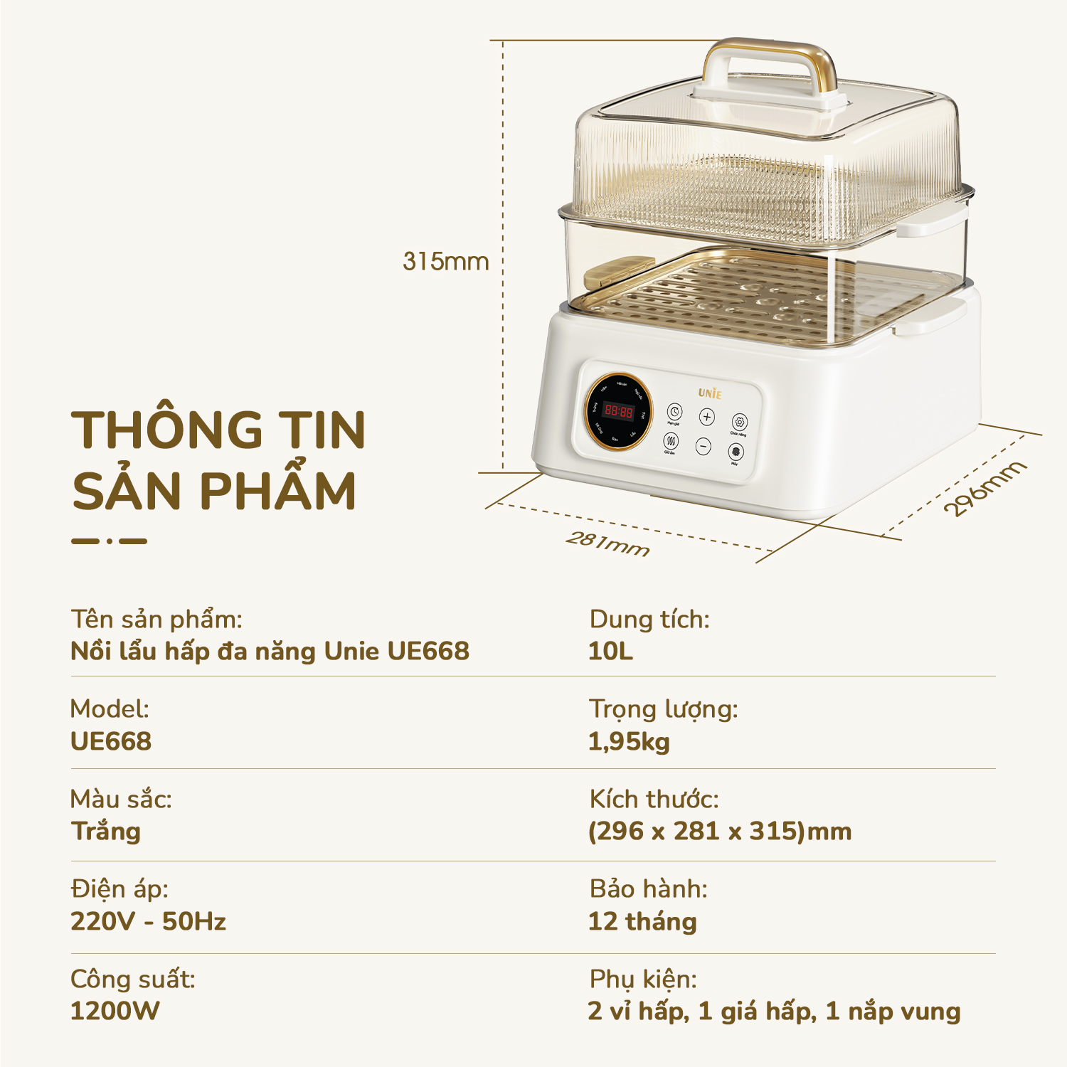Nồi lẩu, hấp đa năng UNIE UE668, 8 chức năng, dung tích 10L, 2 tầng hấp, hấp gà nguyên con, hấp bên trên nấu bên dưới, Hàng chính hãng bảo hành 12 tháng