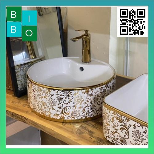 Lavabo Đặt Bàn Tròn Mạ Hoa Văn Vàng