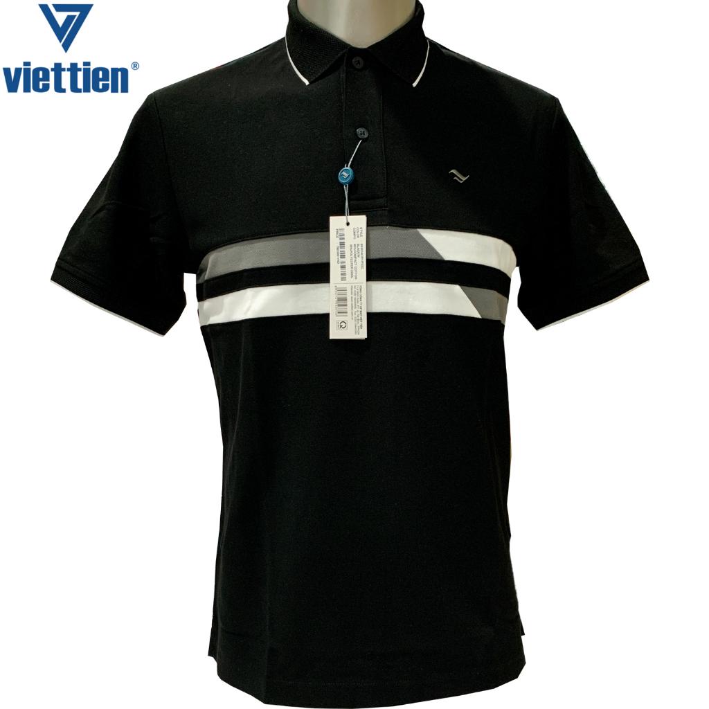 Viettien - Áo thun nam có cổ sọc ngang ngực Đen 6S3014 Regular - Đen