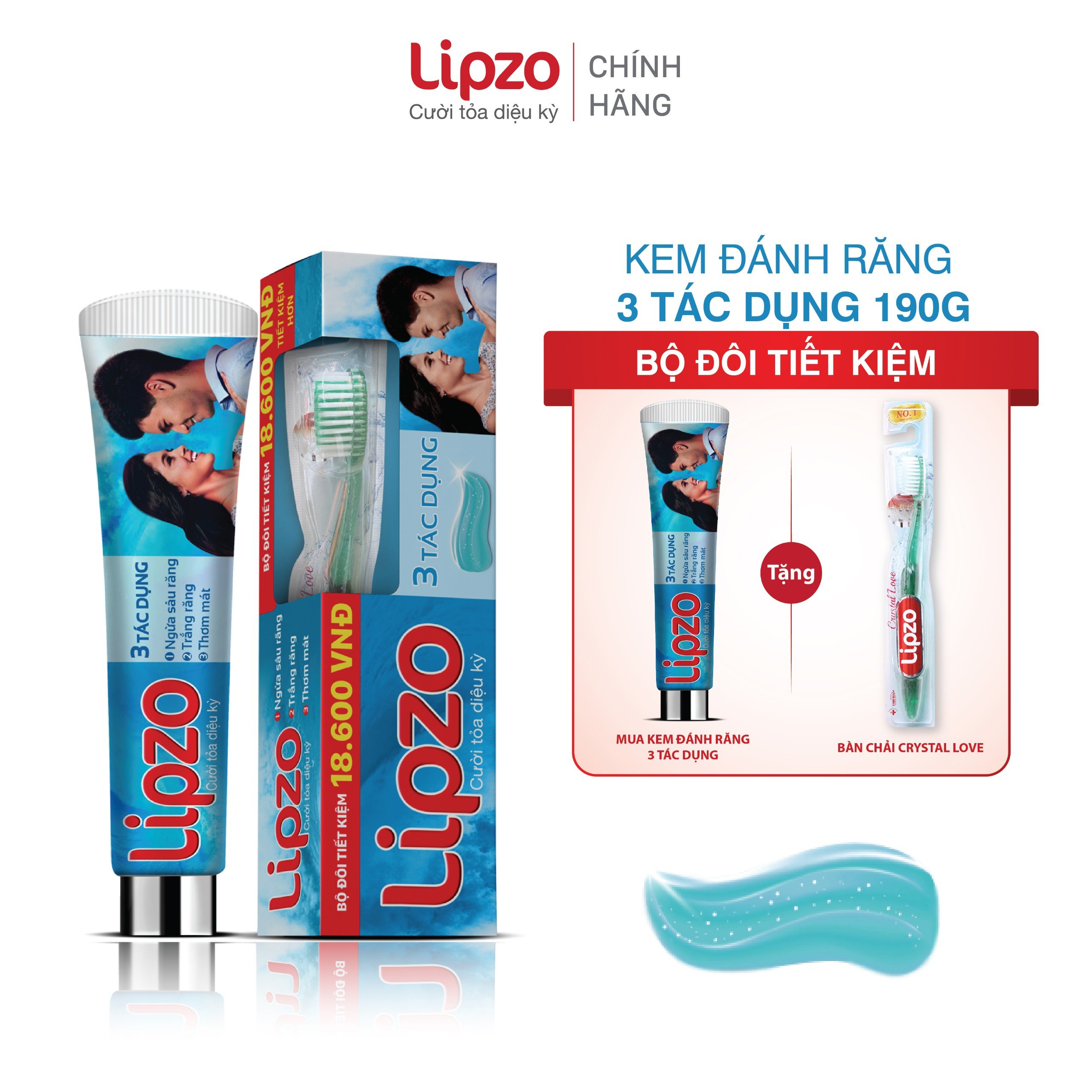 Bộ Đôi Tiết Kiệm Kem Đánh Răng Lipzo 3 Tác Dụng Và Bàn Chải Crys Love For Girl Ngừa Sâu Răng Trắng Răng Thơm Miệng