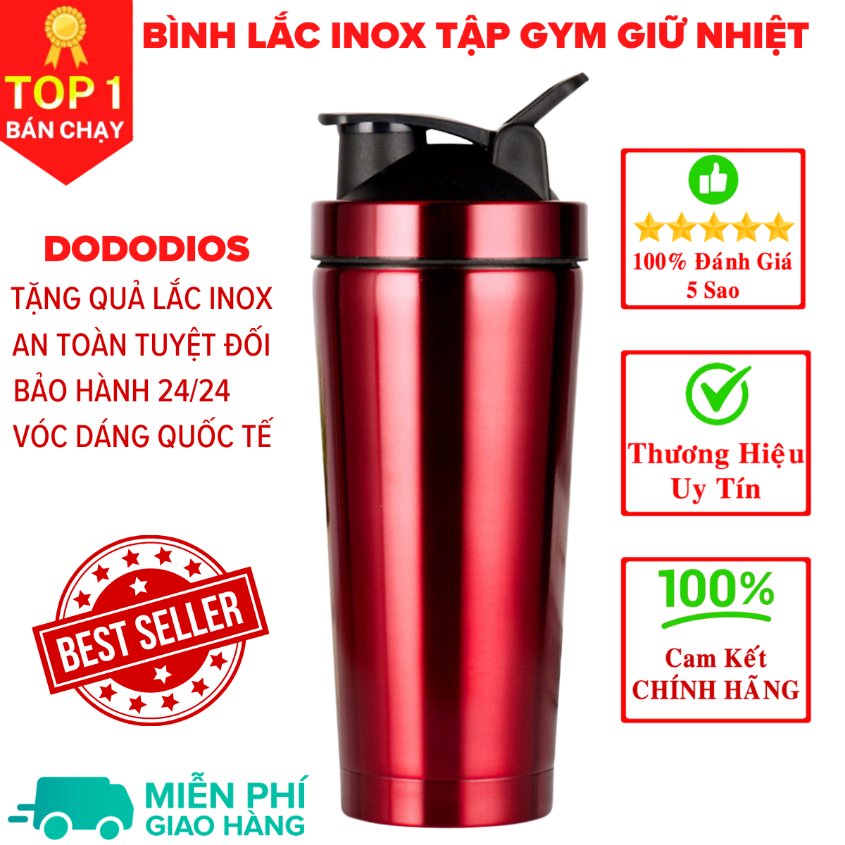 [Loại Cao Cấp - Giữ Nhiệt - Inox 304] bình lắc gym, bình lắc shaker, bình nước thể thao inox giữ nhiệt + kèm quả lắc Lò Xo - Hàng chính hãng DoDoDios