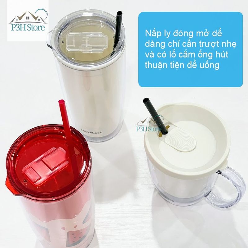 Ly nhựa 2 lớp Lock&amp;Lock Cold Cup 360ml/600ml kèm ống nắp trượt đóng mở HAP523IVY 524RED HAP525IVY