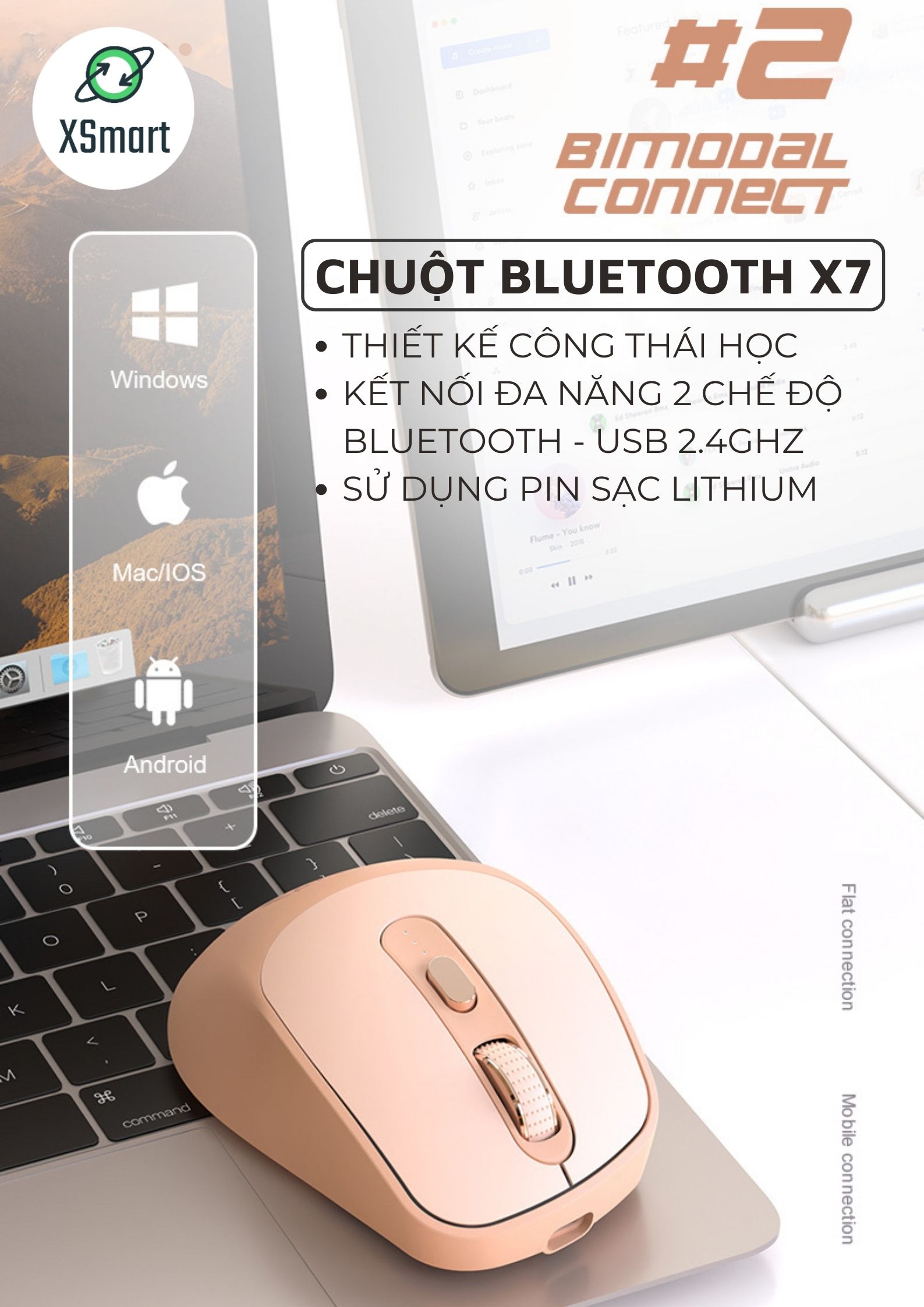 Chuột Không Dây Máy Tính Bluetooth X7 Wireless Pin Sạc Kết Nối 2 Chế Độ Cho Mọi Thiết Bị Máy Tính, Laptop-Hàng Chính Hãng