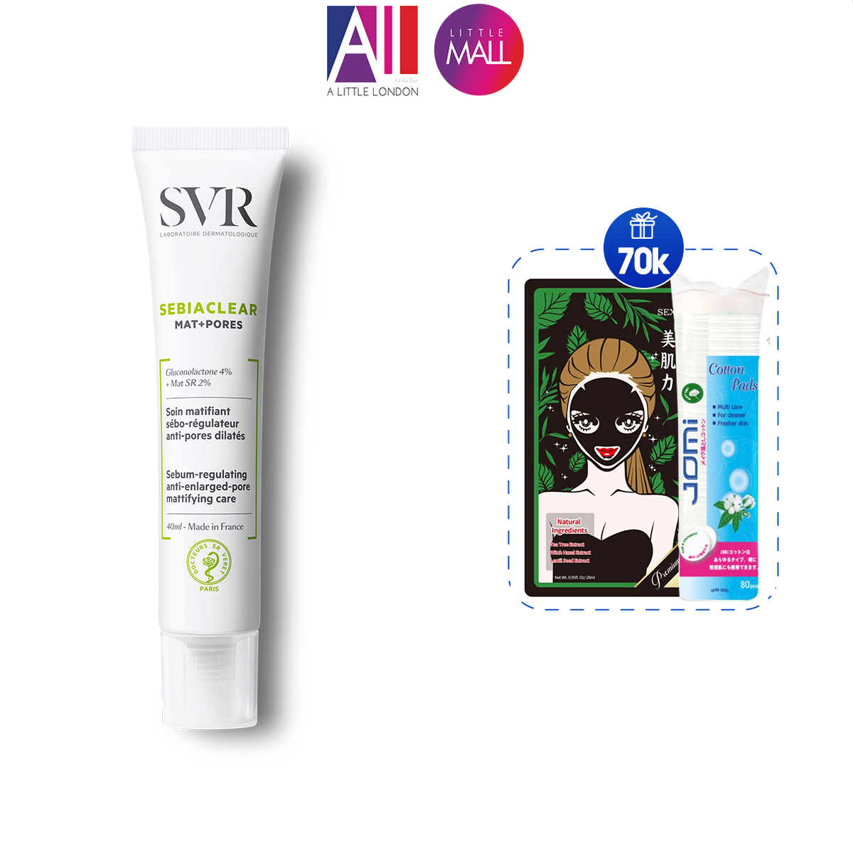 Kem dưỡng da làm giảm nhờn, se lỗ chân lông SVR sebiaclear mat + pores 40ml TẶNG mặt nạ Sexylook và bông tẩy trang Jomi