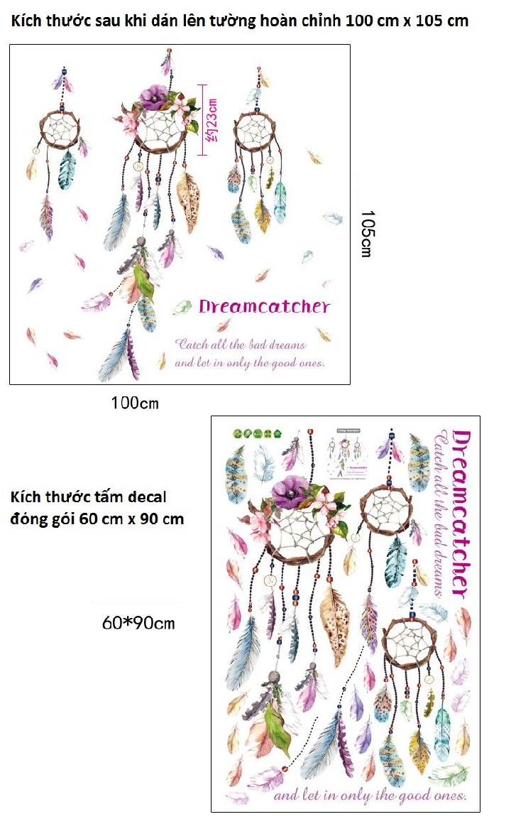 Decal dán tường hoạt hình đáng yêu combo cô gái bên cửa sổ và dreamcatcher