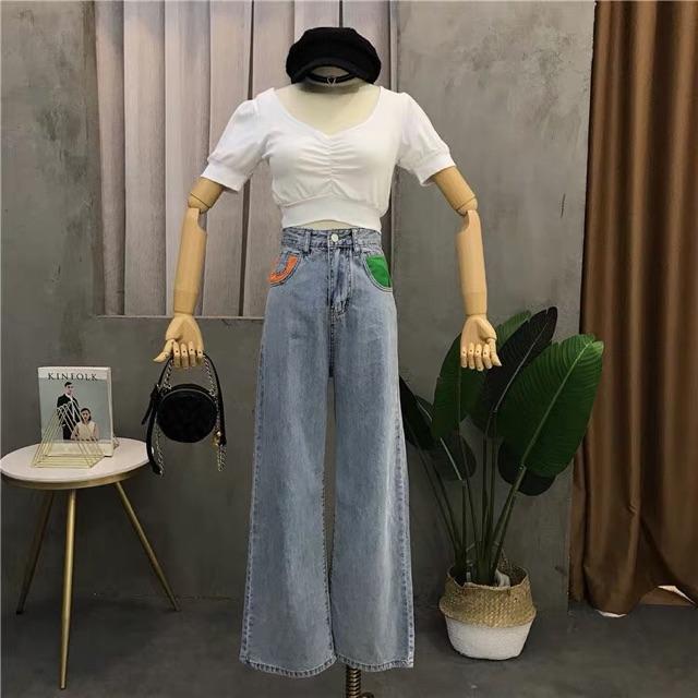 QUẦN JEANS ỐNG RỘNG DÁNG DÀI TÚI MÀU- hình thật chính chủ