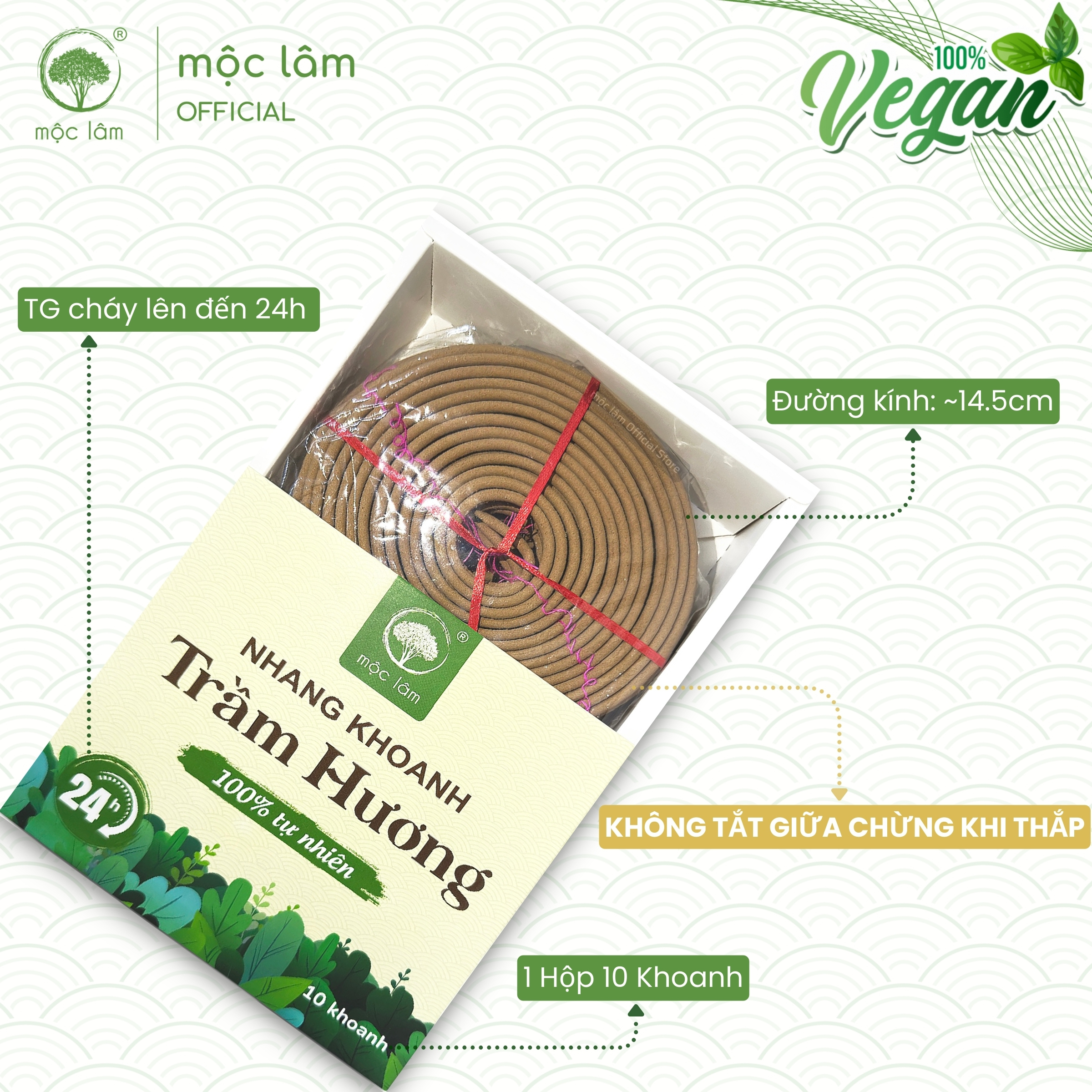 Nhang Khoanh Trầm Hương 24Giờ 10Khoanh MỘC LÂM Nhang Vòng 100% Tự Nhiên