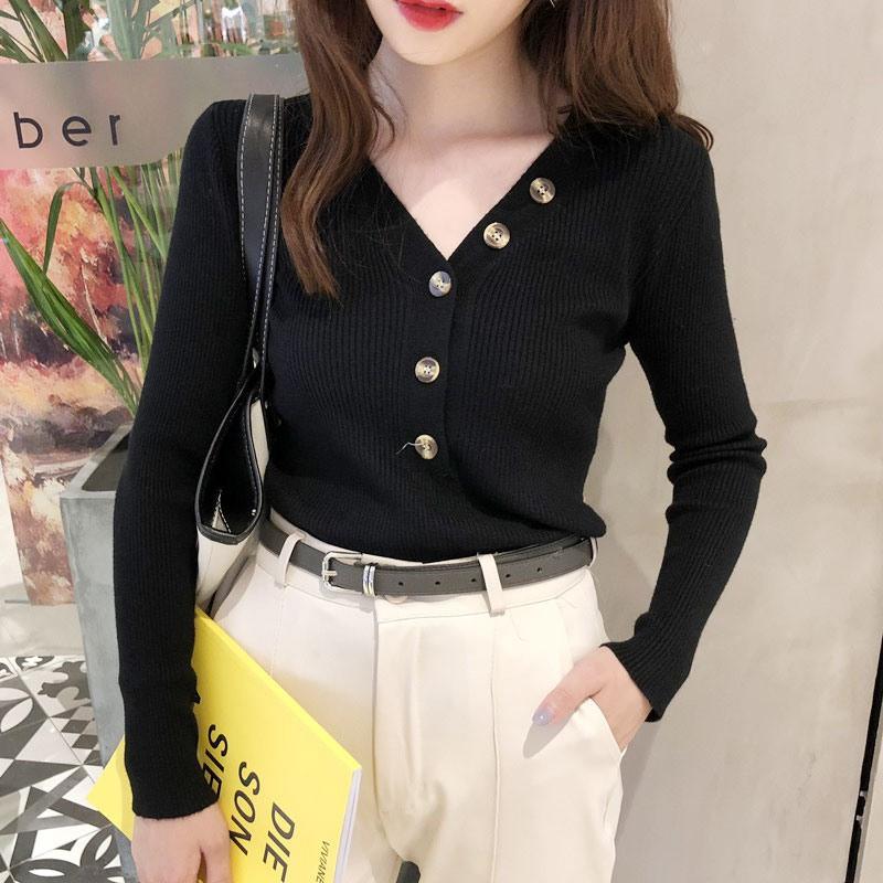 Áo dệt kim nữ tay dài cổ chữ V dáng ôm
