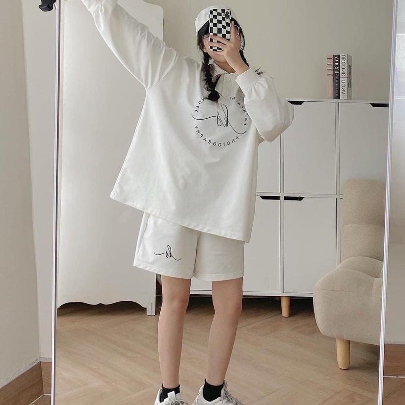 Set đồ nam nữ form rộng unisex-áo polo dài tay cúc cài kèm quần short đùi logo chất thun tăm