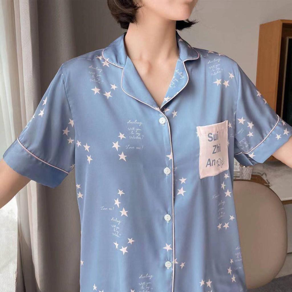 Bộ Pijama lụa cộc tay màu xanh tươi mát