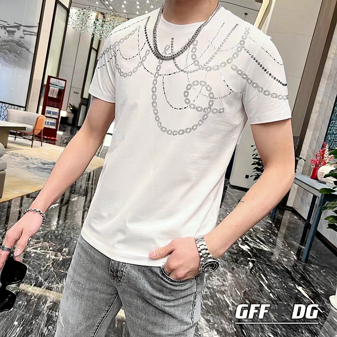 Áo thun nam ngắn tay cổ tròn TC với họa tiết dây mắc xích đính hạt độc đáo, phong cách trẻ trung, hợp thời trang-67A55