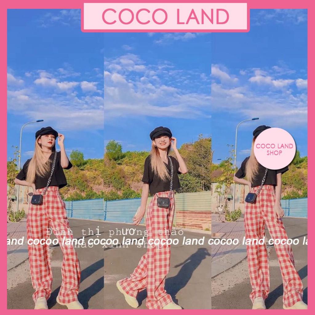 quần ống rộng kẻ khóa trước dáng dài thướt tha coco land ulzzang