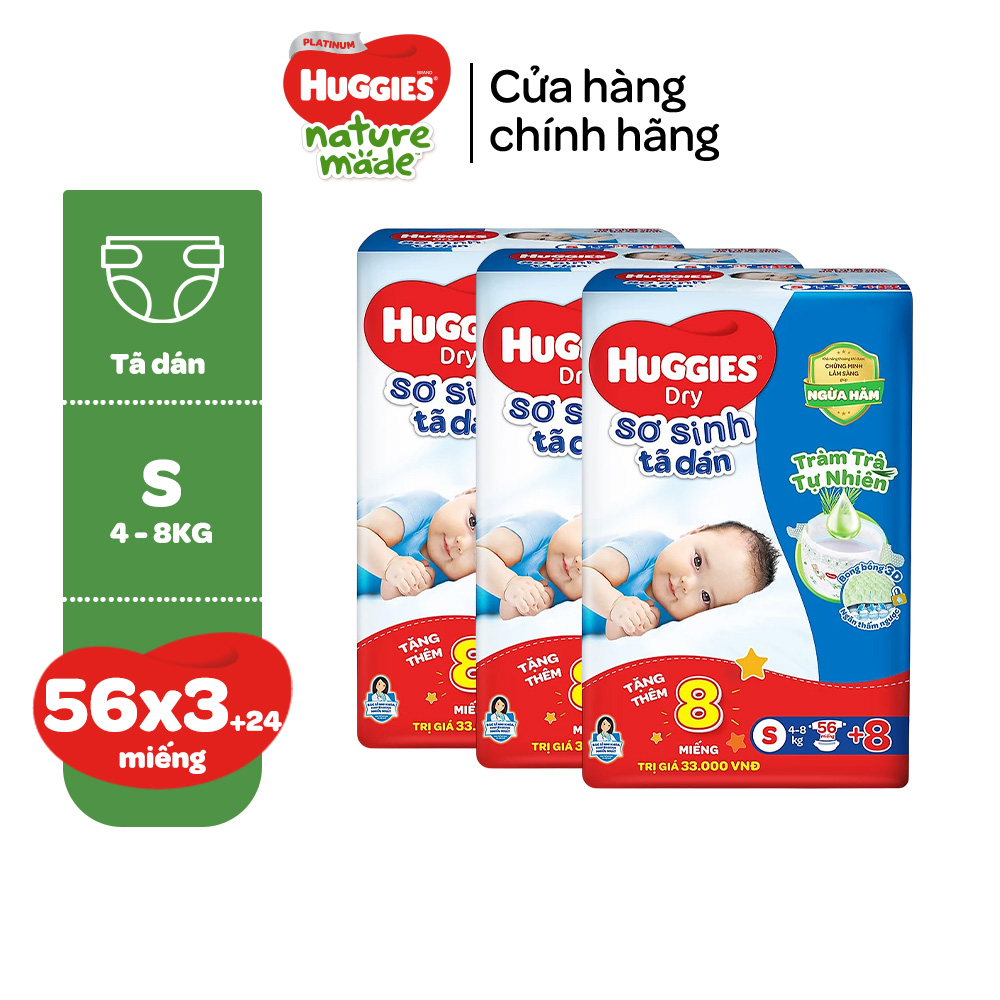 [Tặng thêm miếng] Thùng 3 gói Tã dán sơ sinh Huggies Tràm Trà NB70/S54/S80