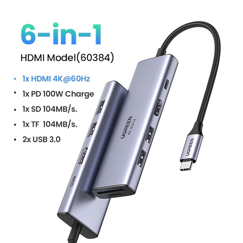 Hub Type C to HDMI , 2 USB 3.0 , TF/SD , PD 100w Ugreen 60384 , 60383 hàng chính hãng