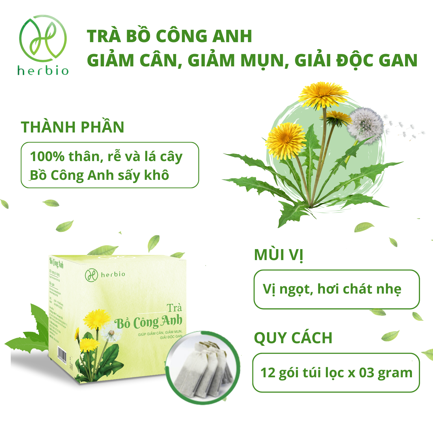 Trà Thảo Mộc Giảm Cân Bồ Công Anh Herbio - Giúp giảm mụn, giải độc gan, detox thanh lọc cơ thể, giảm cân tự nhiên (12 túi lọc x 3gram)