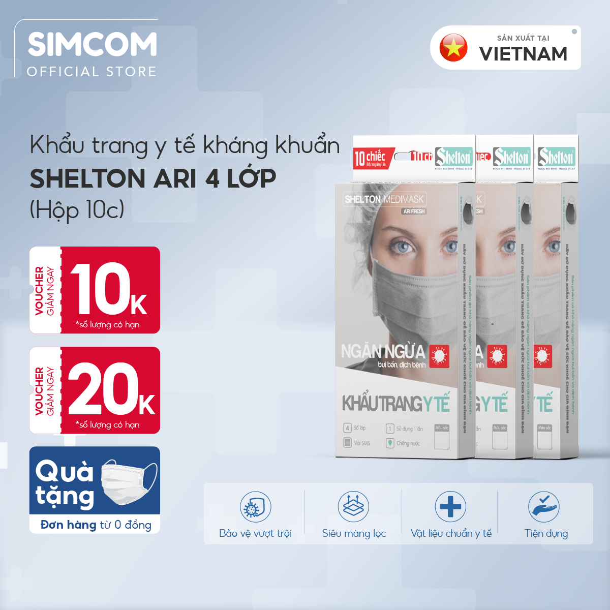 Khẩu trang y tế kháng khuẩn 4 lớp Shelton Medimask Arifresh hộp 10 chiếc,khẩu trang kháng khuẩn 4 lớp dành cho người lớn,khẩu trang 4 lớp mềm mại có vải kháng khuẩn ngăn ngừa bụi bẩn,vi khuẩn sử dụng 1 lần