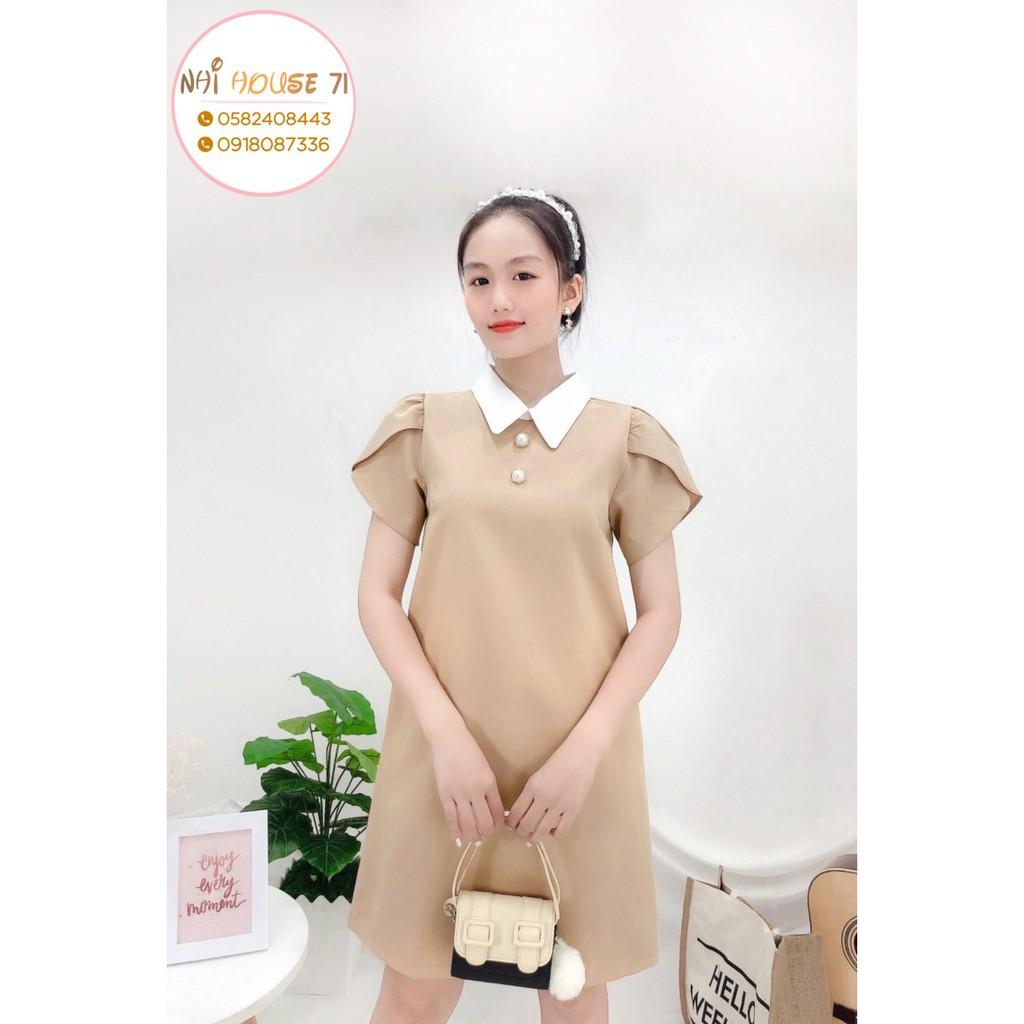 Đầm Suông Tiểu Thư NHIHOUSE71 Tay Phồng Cổ Sen Phối Có Túi Dưới 57kg