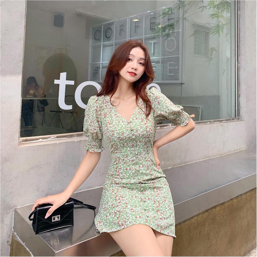 ĐẦM DỰ TIỆC HOA XANH NHÍ LỤA NHÚN BÈO CỔ TIM NÚT BỌC PHỐI TAY LỠ BO DÁNG XÒE