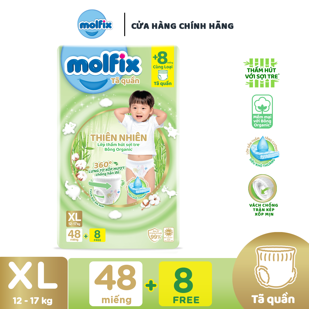 Tã/bỉm quần Molfix Thiên nhiên Super Jumbo XL (12kg - 17kg) - Gói 48+8 miếng