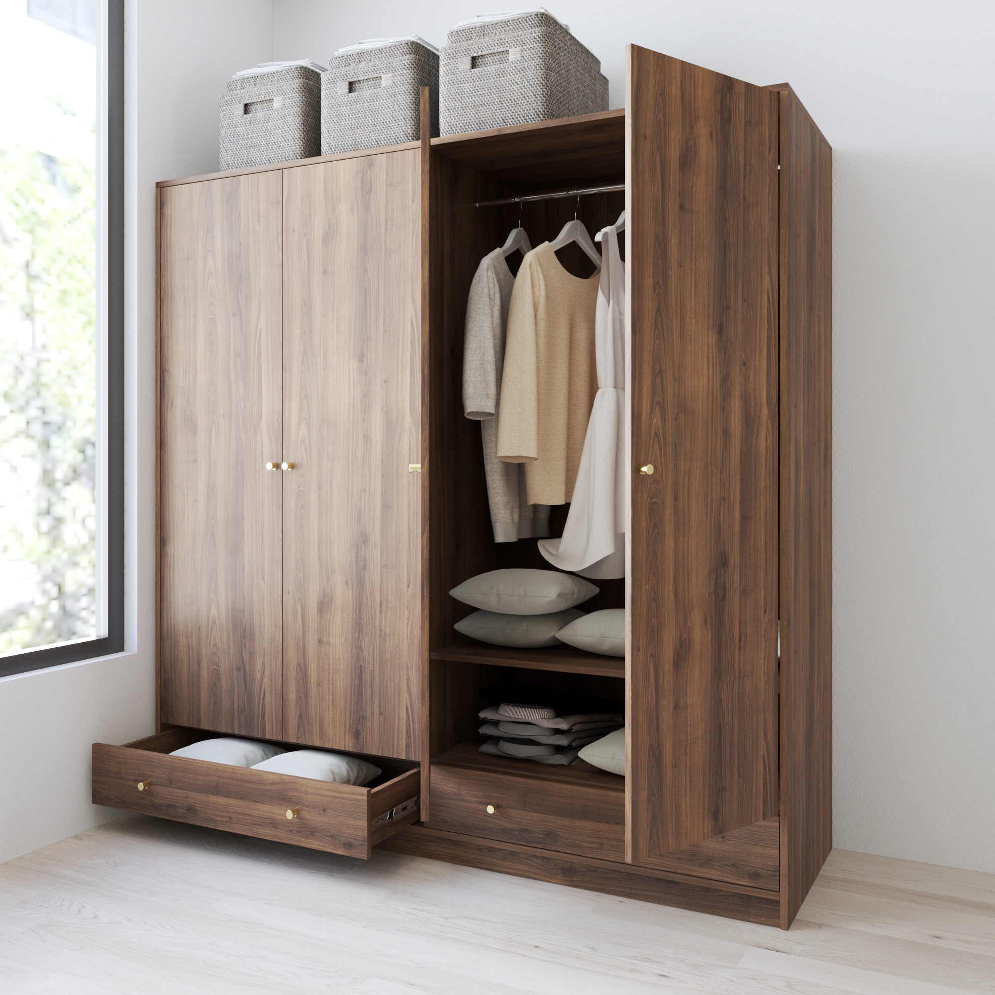 HAPPY FURNITURE , Tủ quần áo 4 cửa mở 2 ngăn kéo - HAPPI, TCM_233 , 180cm x 54cm x 180cm DxRxC