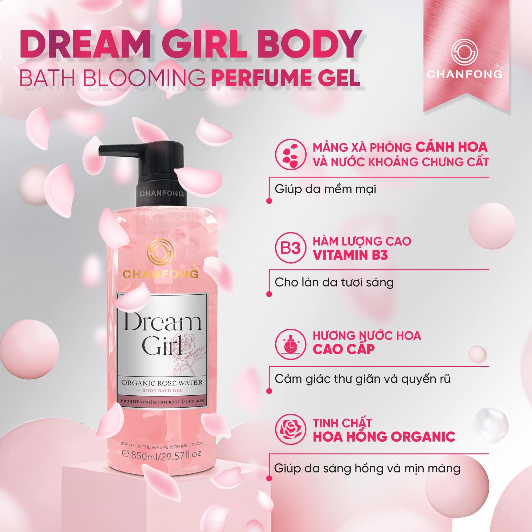 Sữa tắm Gel Cánh hoa hồng tươi Chanfong Thái Lan Dream Girl - 850ml